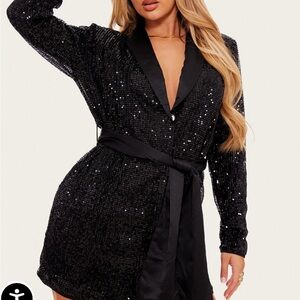 PrettyLittleThing Black Sequin Belted Blazer Dress